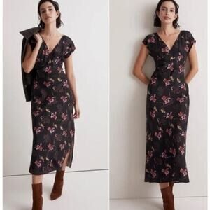 Madewell Floral Wide V-Neck Midi Dress Cap Sleeve Side Slit Black NWT 00